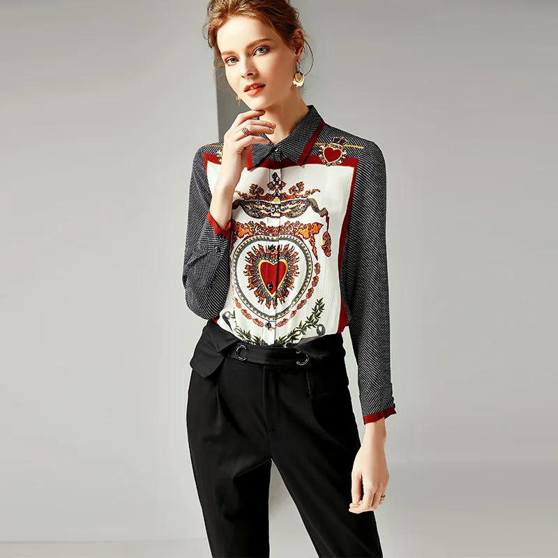 Schinteon натуральный шелк блузка с принтом винтажная рубашка Женская Весна Лето Высокое качество длинный рукав отложной воротник - Цвет: Picture Color
