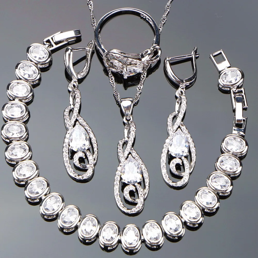 

Zirconia Bridal Costume Jewelry Sets For Women Wedding 925 Sterling Silver Jewelry Earrings Ring Necklace Bracelet Set Gifts Box