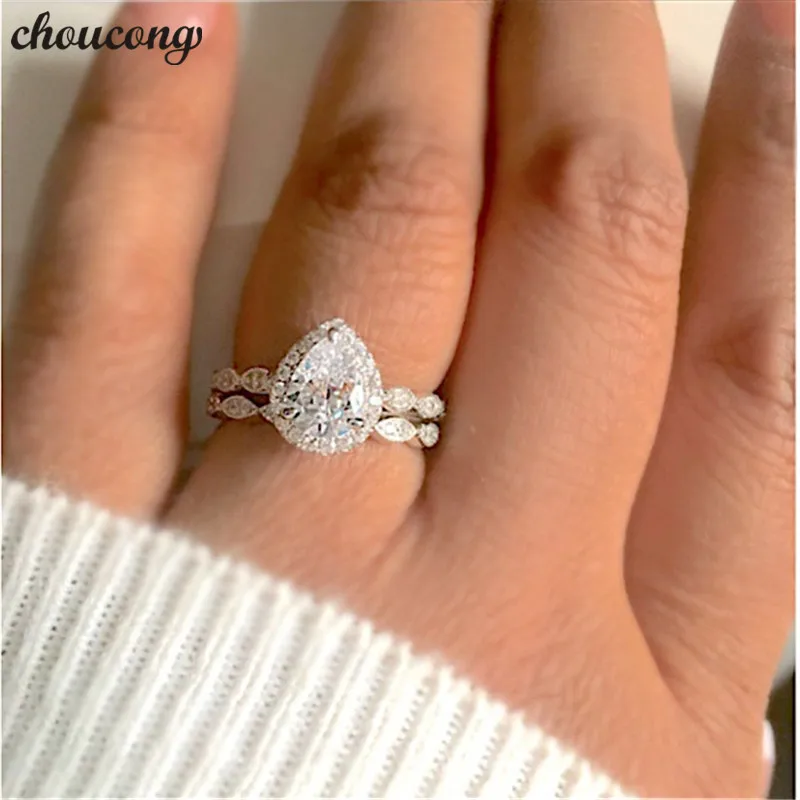 

choucong Water Drop Promise Finger Ring 925 sterling Silver AAAAA cz Engagement Band Rings set For Women men Wedding Jewelry