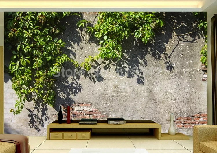 На заказ Настенные обои ветви деревьев зеленые листья кирпичная стена 3D обои для гостиной Кафе Ресторан Настенный декор живопись