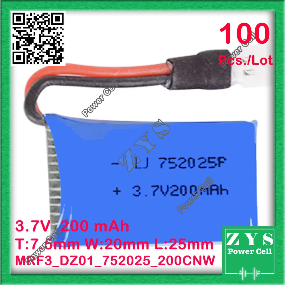US $680.80 100pcsLot Safety Packing 2 pin 37V lithium Polymer battery 752025 200mah for UAV UAS Drone Zone mini drone fpv Size75x20x25