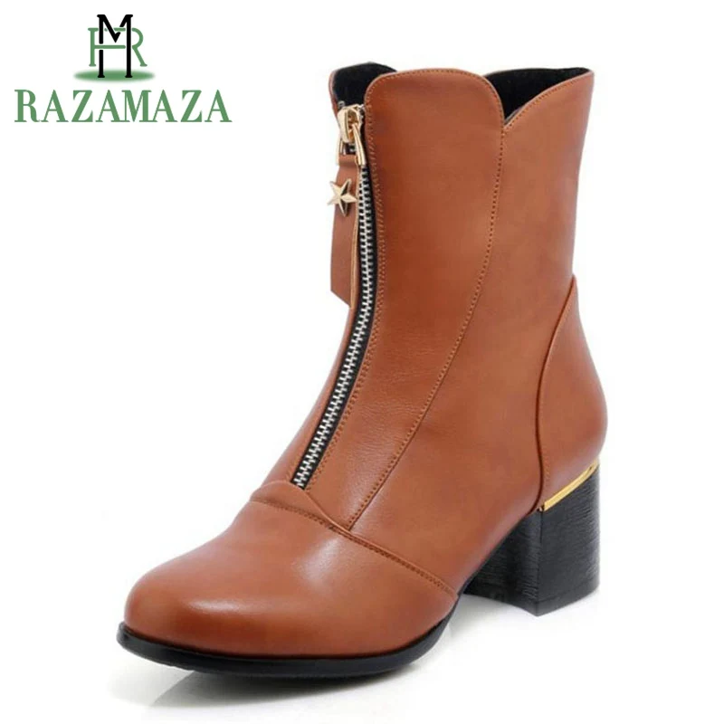 

RAZAMAZA Women Winter Half Short Boots Fashion Zipper High Heels Fur Warm Boots Round Toe Thick Heels Shoes Women Size 33-43