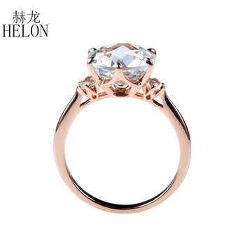 

HELON Special! Solid 14k Rose Gold 4.72ct Three stone white topaz Ring romantic Engagement Wedding Ring Women's Jewelry Ring