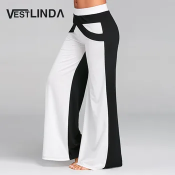 

VESTLINDA Wide Leg Pants With Color Block Causal Loose Straight Flat Trousers Long Female Trousers Women Pants Wide Legged Pants