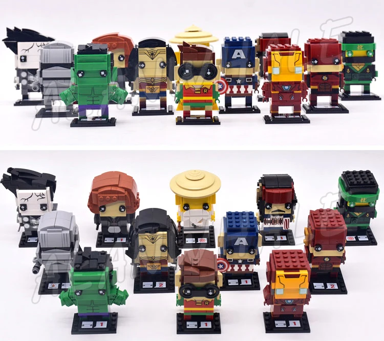 Дешево 12 видов BrickHeadz фигурки супергероев Капитан Америка Железный человек Халк Ллойд Робин Чудо Женщина модель строительные блоки игрушки