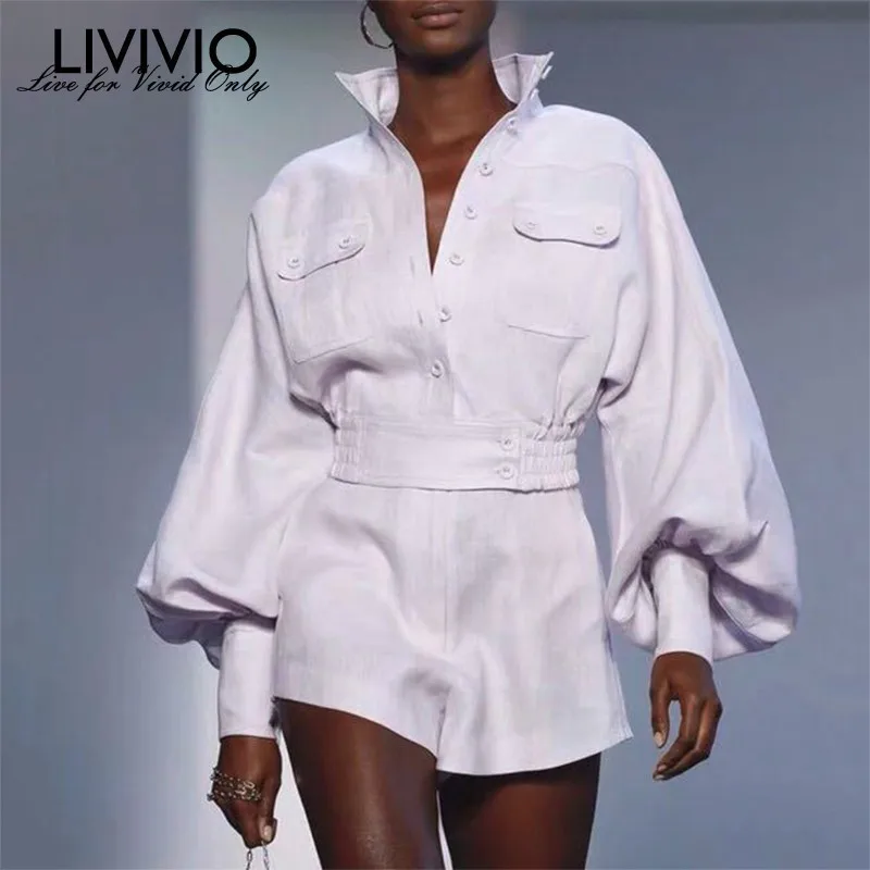 

[LIVIVIO] White Shirt Shorts Women Two Piece Sets Lantern Sleeve Blouse Female High Waist Shorts Suits Autumn Fashion Clothes