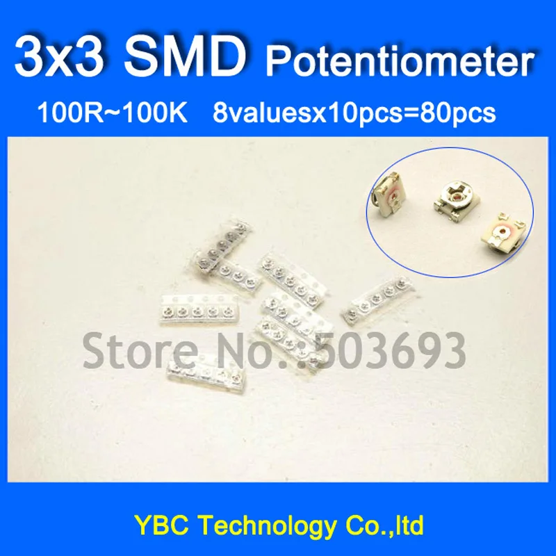 8valuesx10 шт. = 80 3*3 SMD потенциометр 3X3 100R 200R 1K 5K 10K 20K 50K 100K переменные резисторы |
