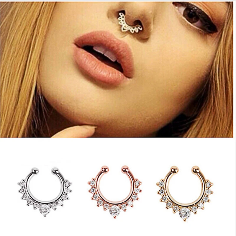 Fashion Rhinestone Alloy Hoop Nose Ring Nose Piercing Silver Rose Gold