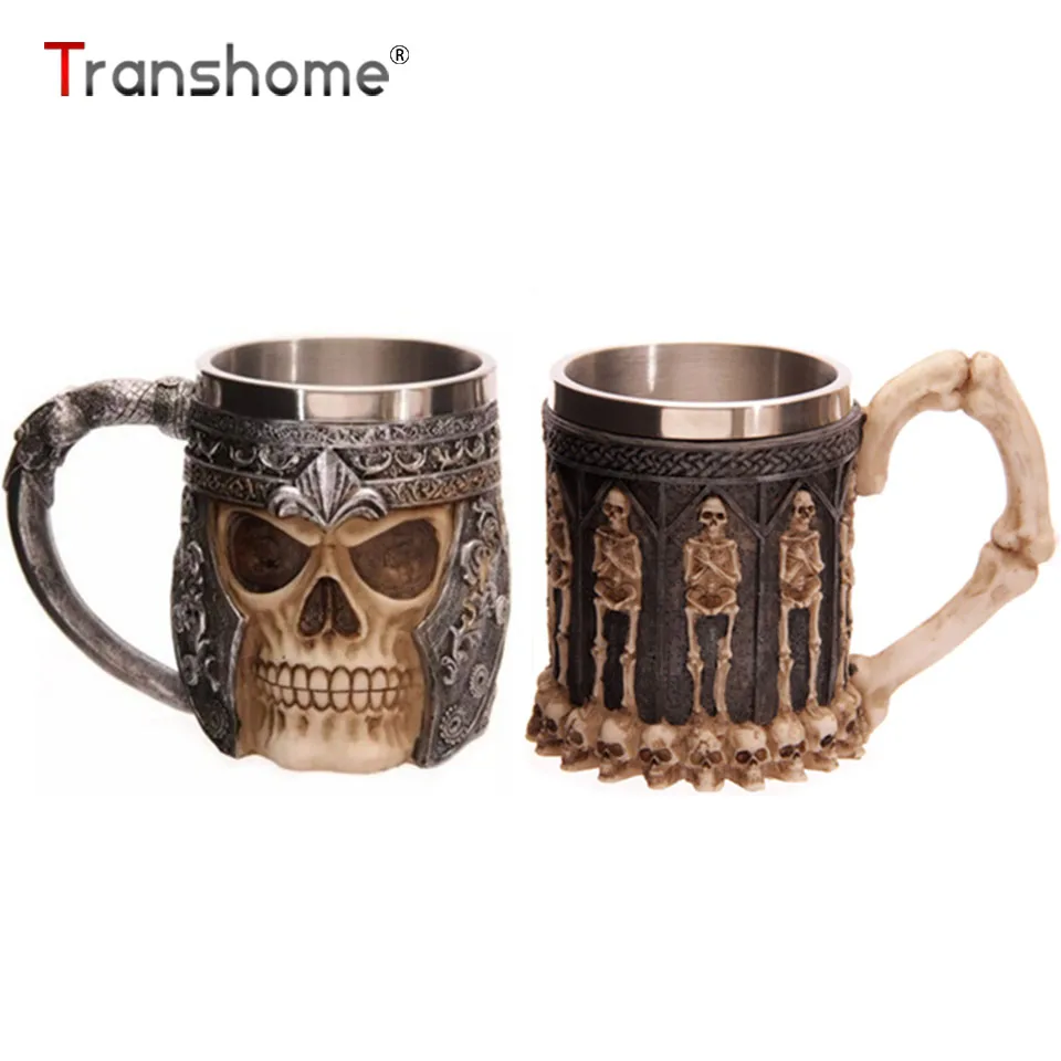 

Transhome Double Wall Stainless Steel 3D Skull Mug 300ml Coffee Tea Bottle Mug Skull Knight Tankard Dragon Drinking Kup Milk Cup