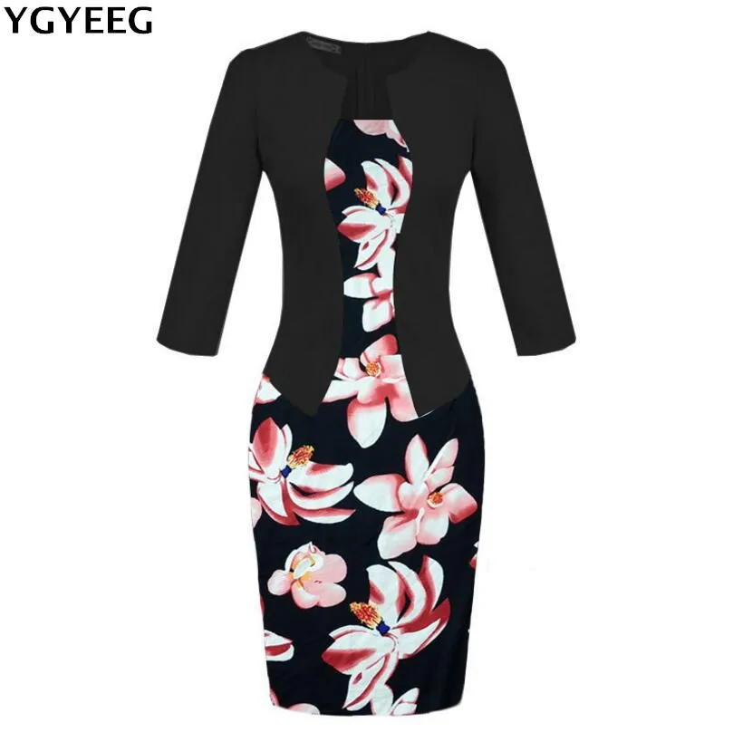 

YGYEEG Women One Piece Patchwork Floral Print Elegant Business Party Formal Office Plus Size Bodycon Pencil Casual Work Dress