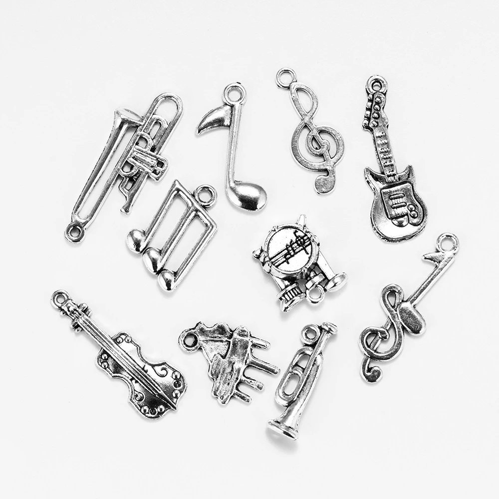 

Yishan Mixed 10Pcs/bag Vintage Silver Alloy Musical Pendant Music Notes Series Jewelry Accessories DIY Handmade Pendant EY695