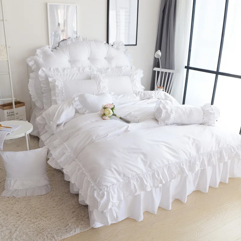 cheap Solid White Girls Wedding Bedding Set King Queen Size 4 6 8pcs Princess Quilt Duvet cover Bed Skirt Pillowcases 100% Cotton