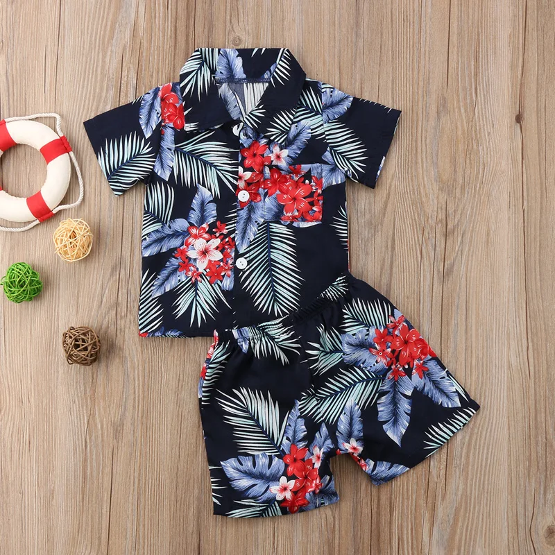 Комплект одежды из 2 предметов для маленьких детей, комплект одежды в гавайском стиле, футболка для маленьких мальчиков Топы+ штаны, летняя одежда, комплект одежды, новинка года