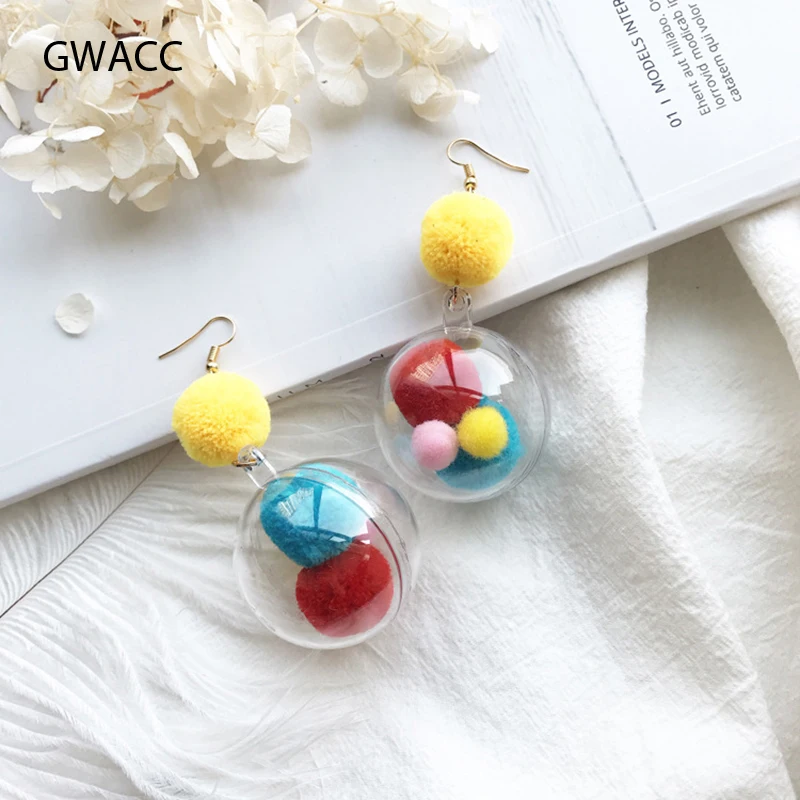 

GWACC Young Girls Multicolor Fur Ball three-dimensional transparent Ball Big Design Earrings Drop Earrings Long Earrings