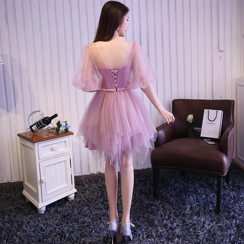 JIERUIZE vestidos de coctel Розовый Тюль Пышные Рукава Короткие коктейльные платья дешевые