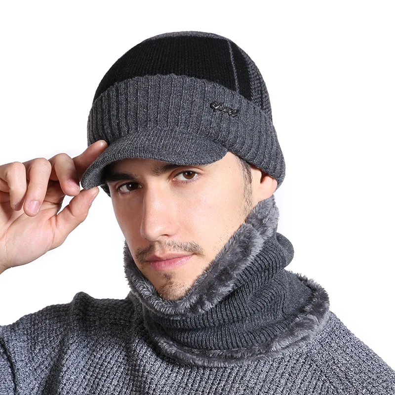 Теплая зимняя шапка унисекс, модная зимняя в стиле бини, шапка для мужчин и женщин, зимняя шапка, шерстяной меховой шарф, шапка, толстая вязаная шапка с козырьком