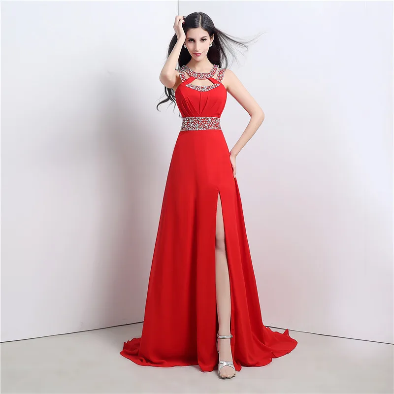 

Real Picture Red Prom Dress New Style A Line Halter Beaded Crystals Chiffon Long Formal Party Gown Vestidos De Gala 2018