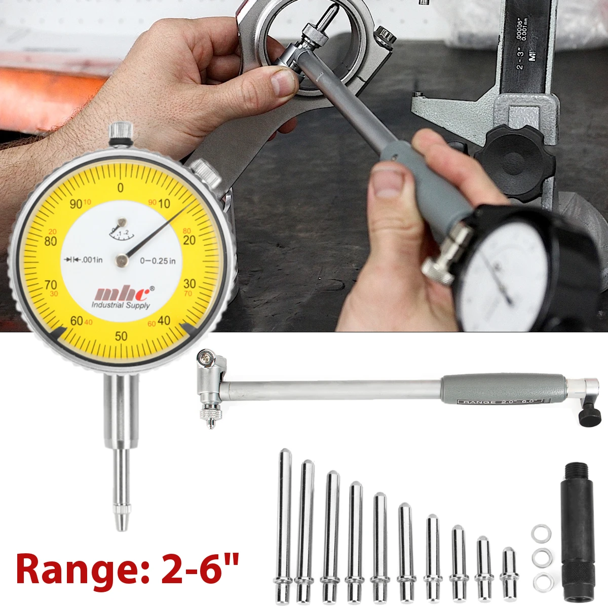 

Dial Bore Gauge + Guide Bridge + Anvils Conversion Head Stainless Steel Ball Accurate Reliable Range 2.0"-6.0" Accuracy 0.001