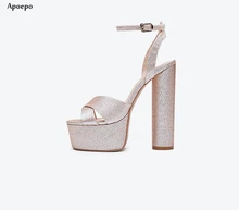 New Gold Glitter Embellished High Heel Sandal for Woman 2018 Sexy Open Toe Ankle Strap Shoes 15cm Thick Heels Summer Shoe New Gold Glitter Embellished High Heel Sandal for Woman 2018 Sexy Open Toe Ankle Strap Shoes 15cm Thick Heels Summer Shoe