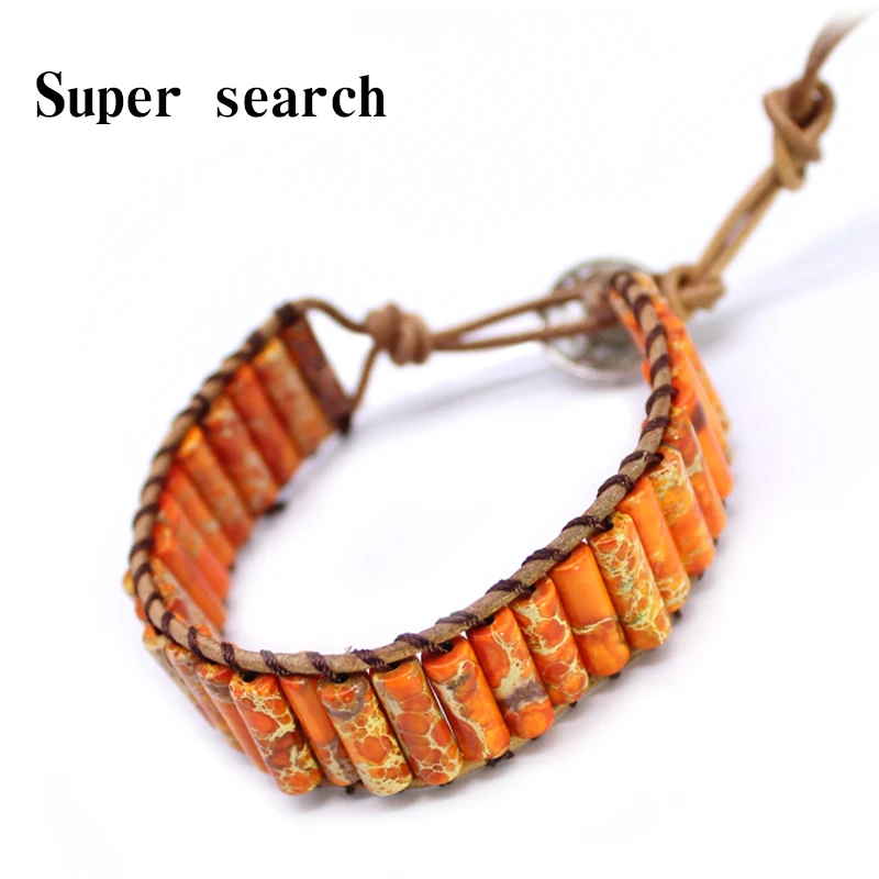 

Natural Stone Single Leather Rope Wrap Bracelet Bohemian Bracelet Tube Shape Women Orange Beaded Couples Bracelet Dropshipping