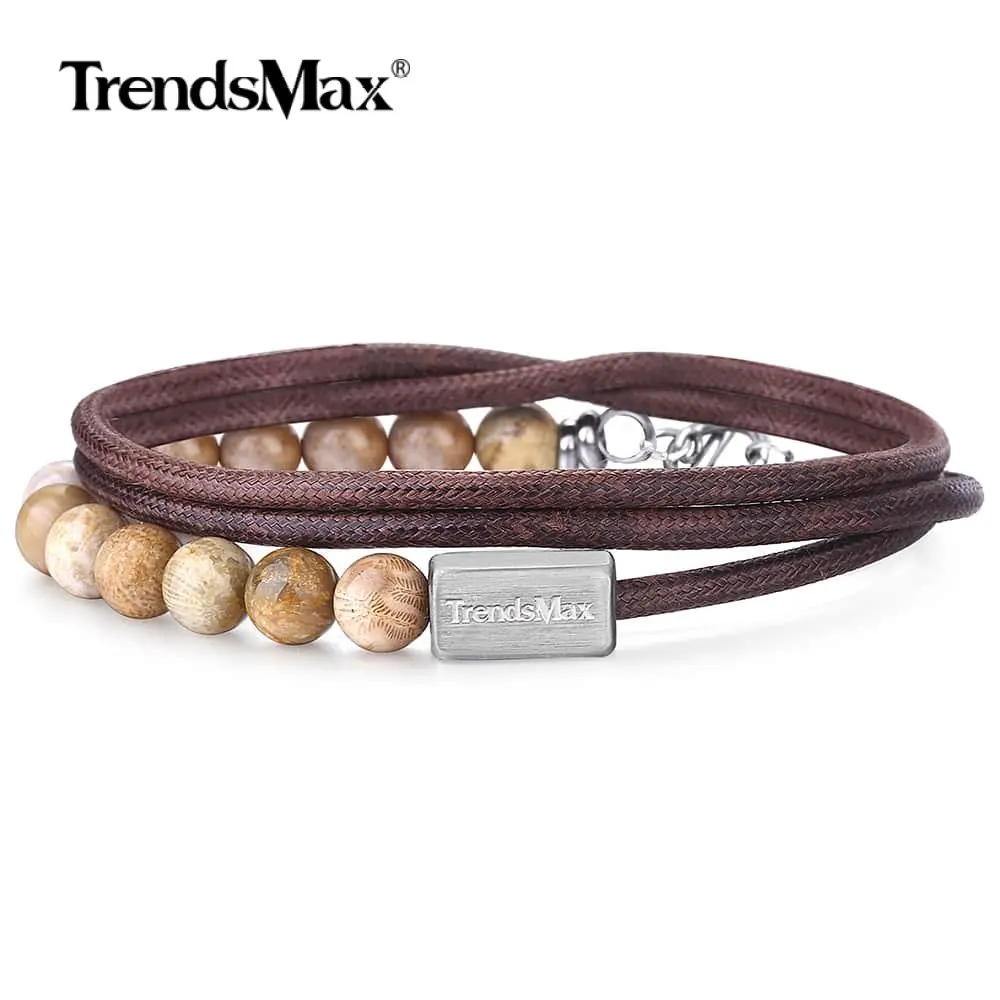 

Natural Chrysanthemum Stone Man-made Leather Bracelets Multi Layer Leather Wristband Stainless Steel Chain for Mens TBX00501