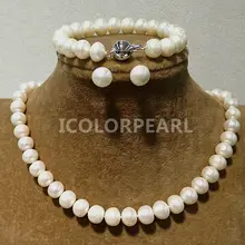 9-10 мм Блестящий плоский круглый натуральный белый пресноводный жемчужный набор(ожерелье+ браслет+ серьги). застежка для простой магнит
