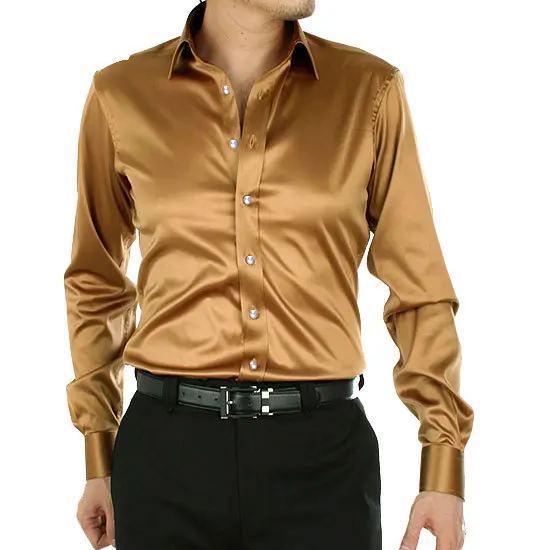 Новинка, ярко-синий шелк, атласная рубашка для мужчин, Chemise Homme,, модная мужская приталенная, гладкая, однотонная, смокинг, рубашки, деловые, свадебные - Цвет: Gold