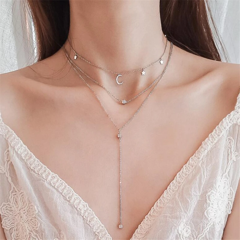 

925 Sterling Silver 2 Layer Moon & Star Pendant Sexy Choker Necklace Women Cubic Zirconia Bohemian Necklaces Statement Jewelry