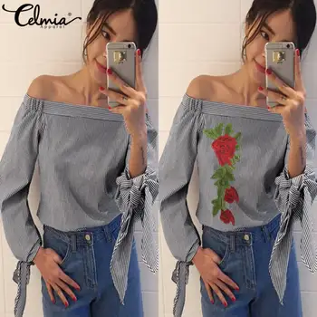 

Women Blouses Floral Embroidery Off Shoulder Blouse 2020 Spring Autumn Long Sleeve Shirt Women Camisas Femininas Bow Women Tops