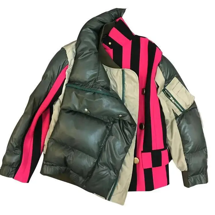 Куртка-пуховик с контрастной панелью в армейскую полоску, Женская парка, хлопковое пальто