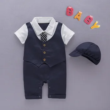 

Newborn Toddler Kids Baby Boys Cotton Baby Short Sleeve Gentleman Romper Solid Print Jumpsuit + Hat F507