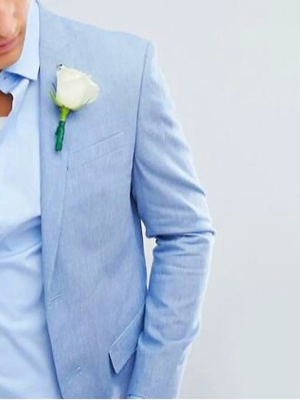 

2019 Fashion Sky Blue Linen Suits Men Custom Made Slim Fit Light Weight Groom Suits For Beach Wedding Suits For Men Tuxedo