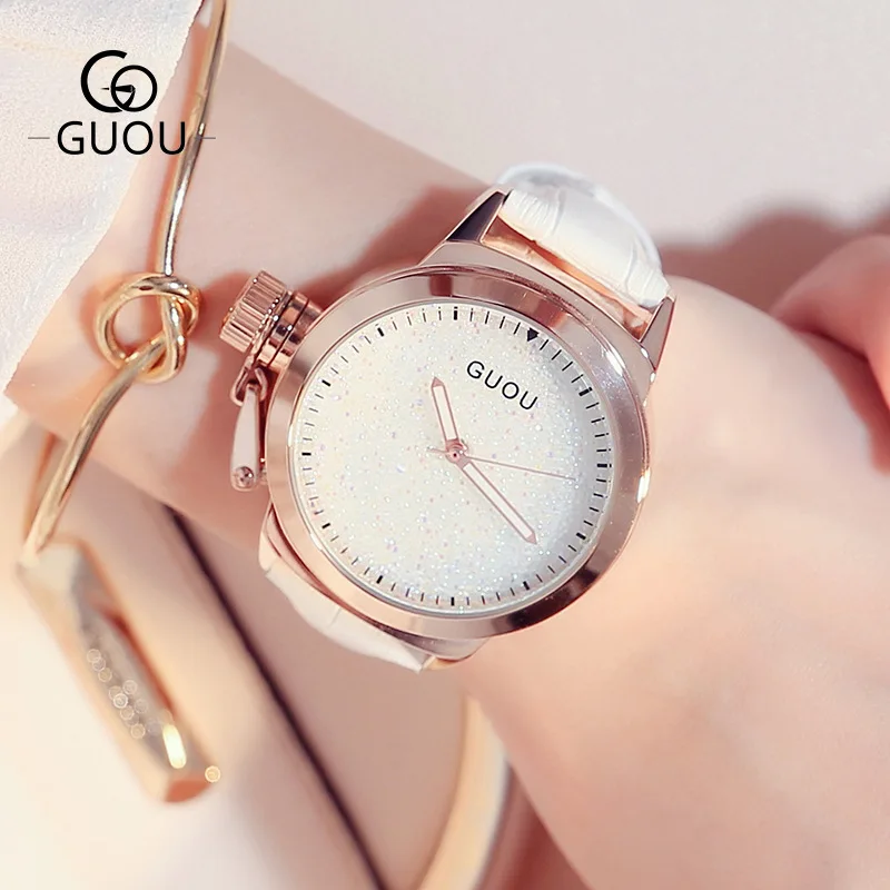 

GUOU Simple Style Hong Kong Brand Genuine Leather Quartz Wristwatches Wrist Watch for Women Female Girls Black White Pink GU003