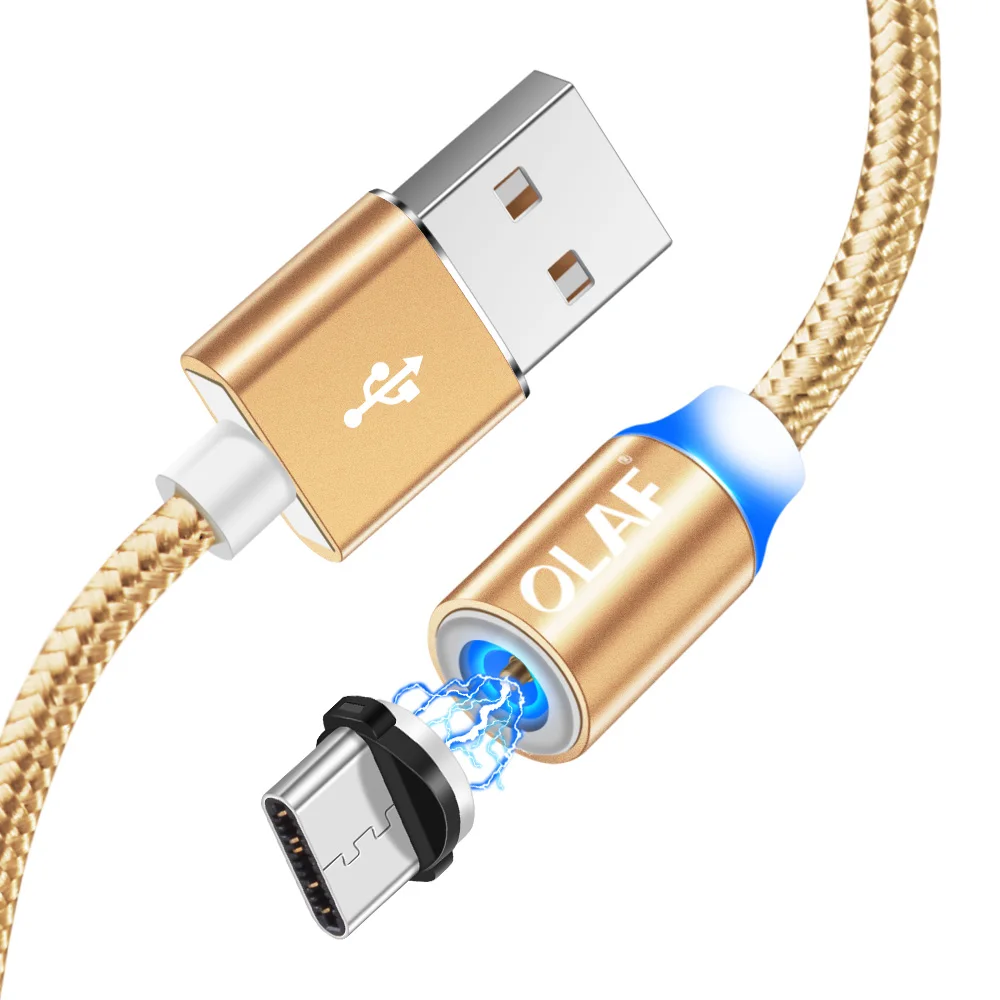 Магнитный зарядный кабель OLAF 1 м, кабель Micro USB для iPhone XR XS Max X, Магнитный зарядный кабель usb type C, светодиодный зарядный провод - Цвет: With Plug Gold