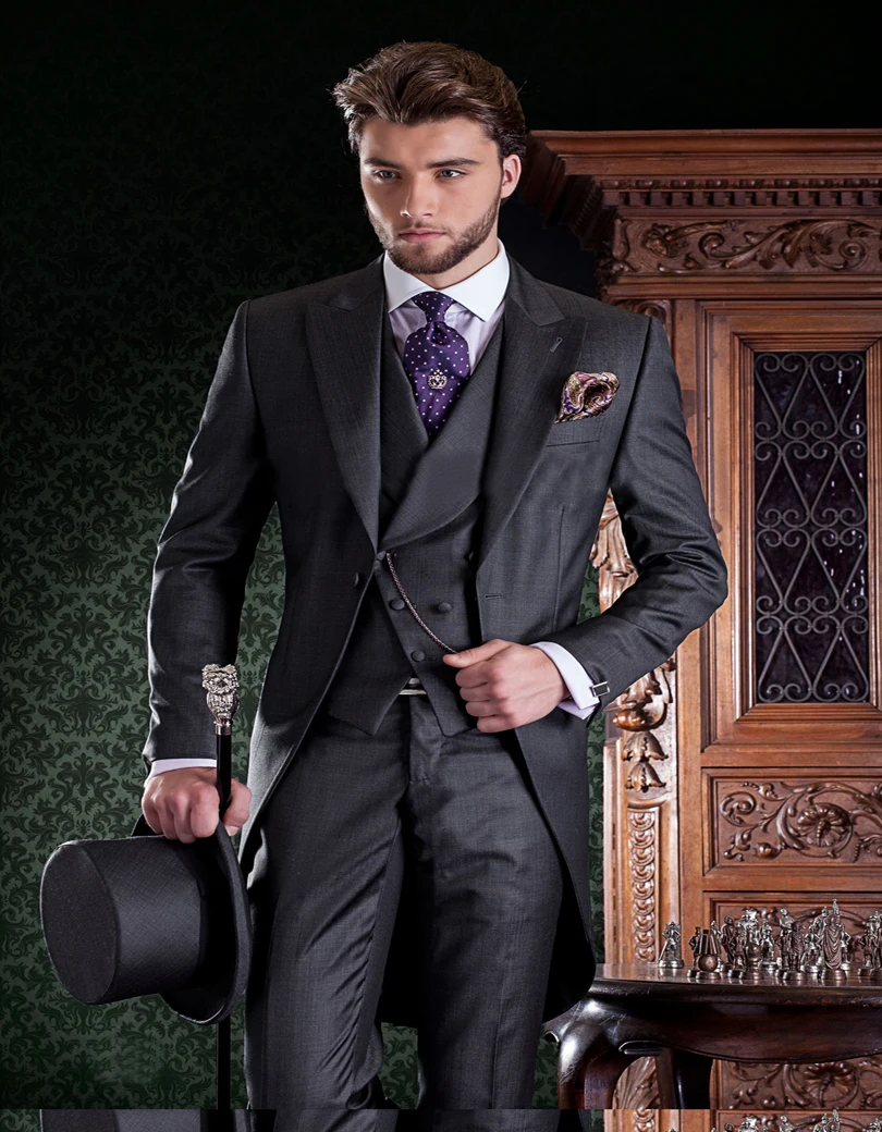 High Quality Groom Tuxedos Grey Morning Suit In Wool Blend With Shawl ...