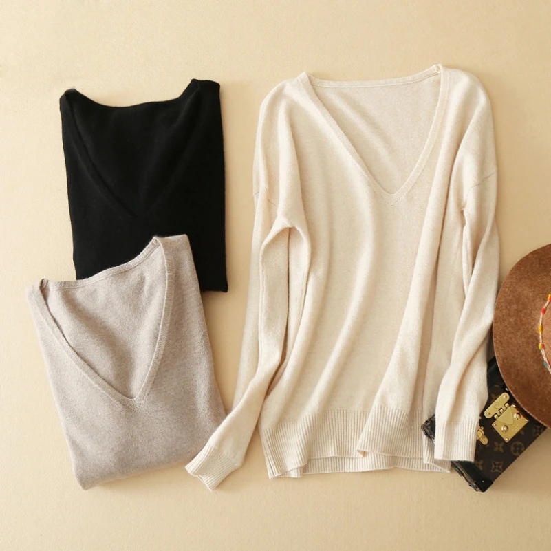 Women Sweaters And Pullovers Autumn 100% Wool Sweater Women Casual Loose Pullover V-neck Sweater