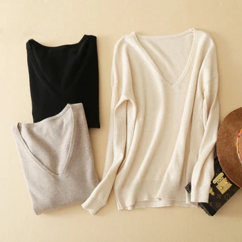 

Women Sweaters And Pullovers Autumn 100% Wool Sweater Women Casual Loose Pullover V-neck Sweater