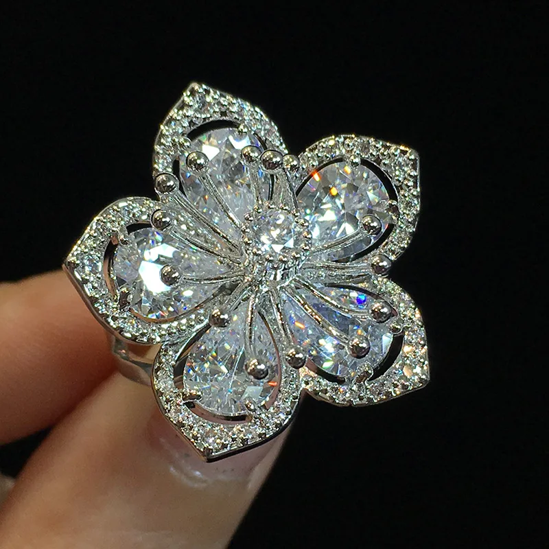 925 пробы серебряные кольца в форме цветка с большим циркониевым камнем для женщин, модные ювелирные изделия для свадьбы и Помолвки