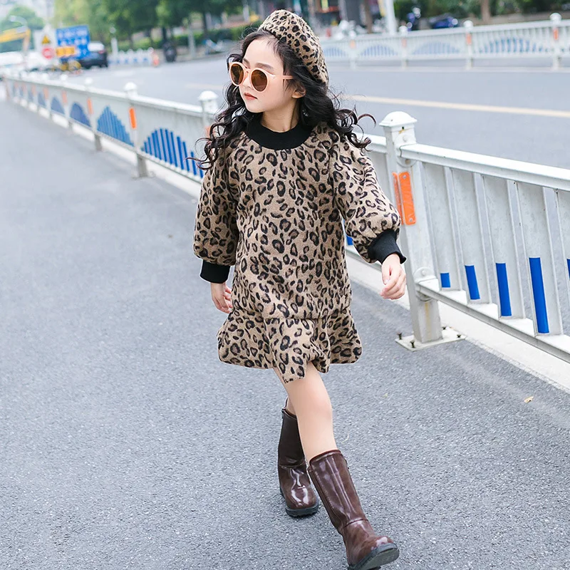 

Girls dress Leopard christmas dress Wool blended winter dresses Velvet thicken warm pullover Kids long tops