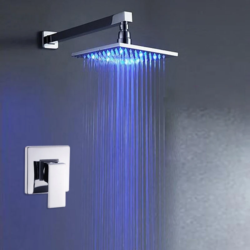 Wall Ceiling Mounted 8 Rainfall Led Light Shower Faucet Single Mixer Handles Chrome Finish