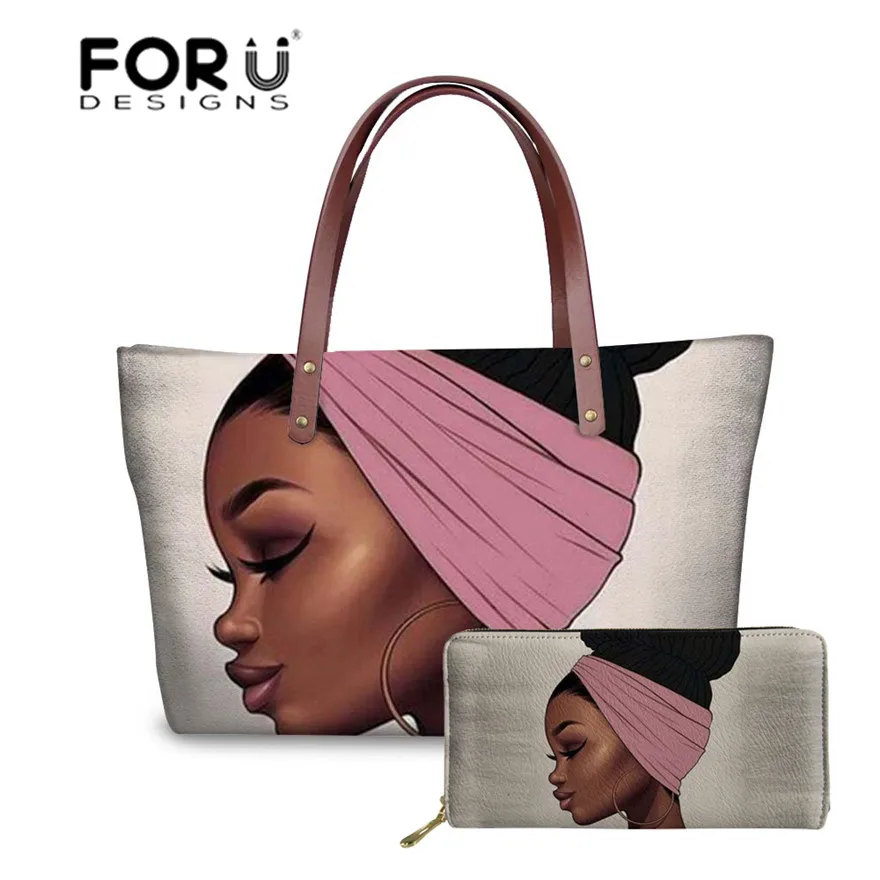 FORUDESIGNS 2 قطعة/المجموعة النساء حقائب الأسود الفن الأفريقي فتاة الطباعة اليد حقيبة و محافظ السيدات العرقية أعلى-حقائب بيد الإناث بولسا