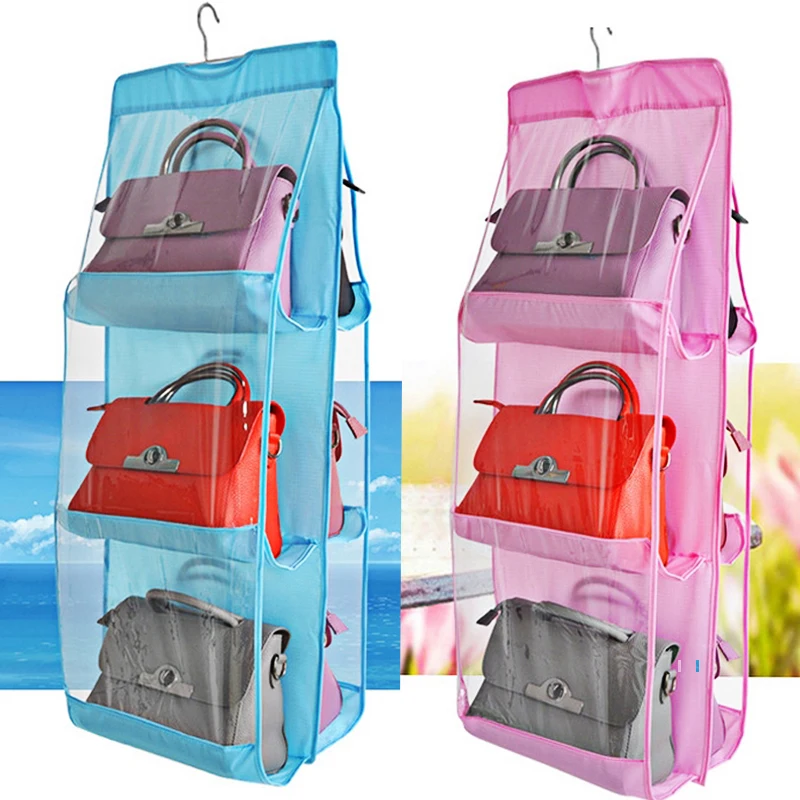 

6 Pocket Hanging Handbag Organizer Transparent Storage Bag Door Wall Wardrobe Closet Clear Sundry Hanger Pouch Home Supplies 1pc
