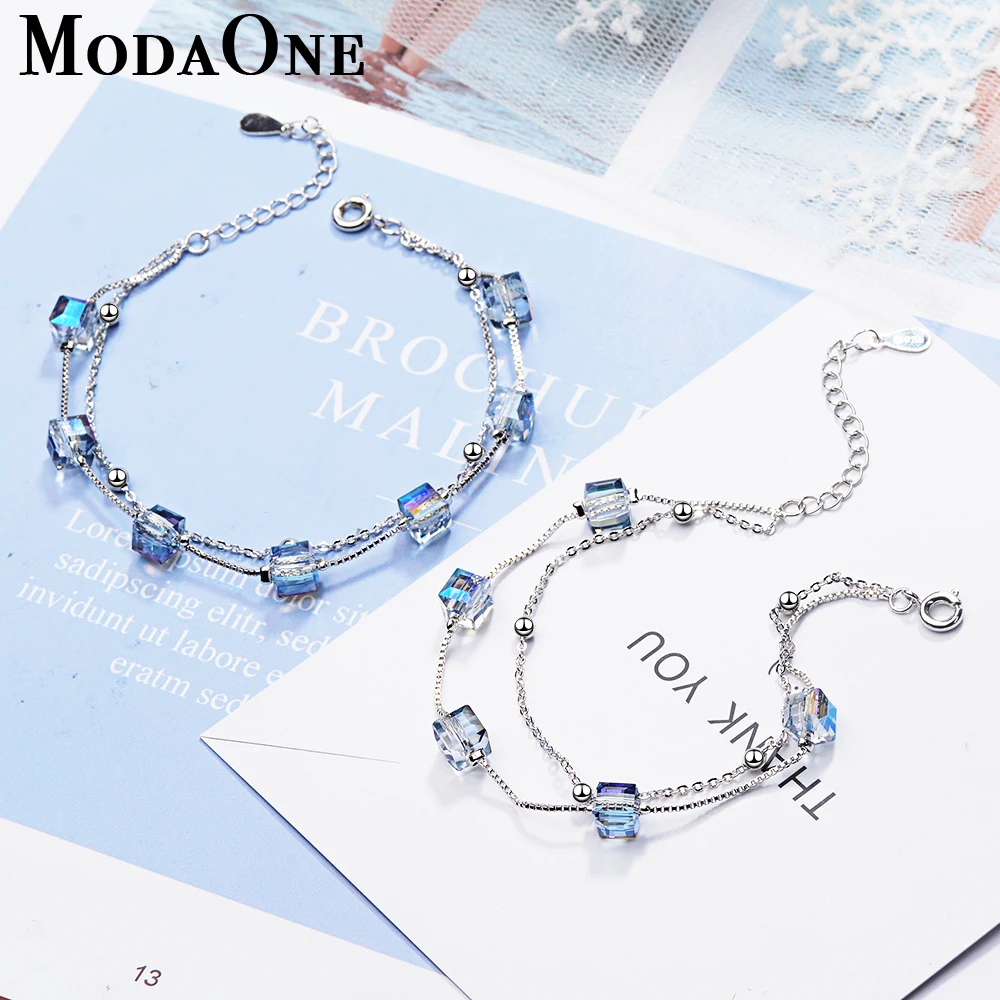 

ModaOne Square Crystal Bracelet For Women Simple Double-Layer Chain Bracelet 925 Sterling Silver Jewerly Girls Gift SL108