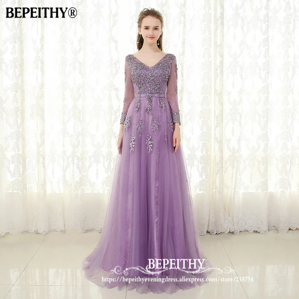 BEPEITHY фиолетовое длинное вечернее платье с длинными рукавами vestido de festa кружевное винтажное элегантное выпускное платье с v-образным вырезом