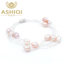 ASHIQI Mutil браслеты из натурального жемчуга для женщин ручной работы 3 ряда хрустальных бусин магнитная застежка