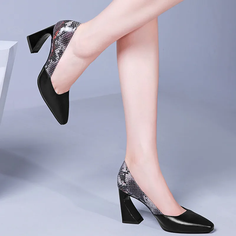 

Fashion leather high heels Women's shoes Snake color matching work shoes Heels women pumps obuv zapatos mujer