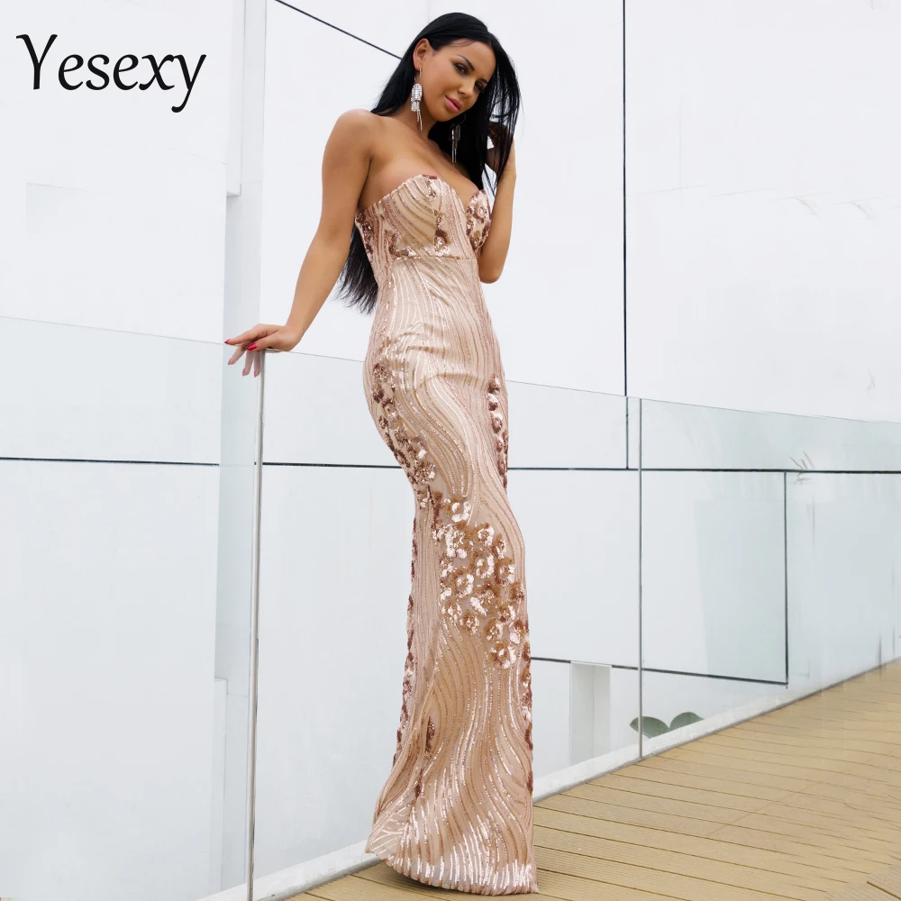 Yesexy 2017 сексуальный бюстгальтер с открытыми плечами блесток спинки платья женский пол-длина элегантные вечерние облегающее платье vestdios