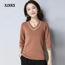 XJXKS льняные трикотажные женские топы с v-образным вырезом и рукавом три четверти модные новые женские футболки