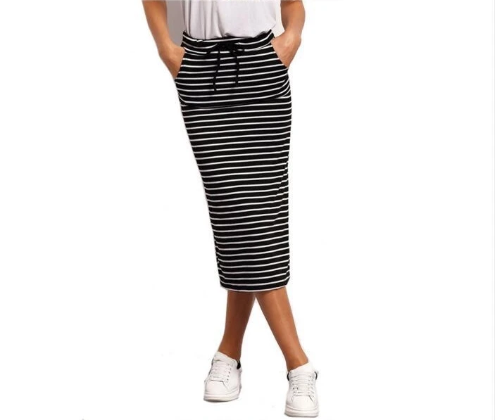 Autumn Women Casual Summer Skirt Navy Black Drawstring Striped Skirts Cozy Pockets Chic Skirts Skirts