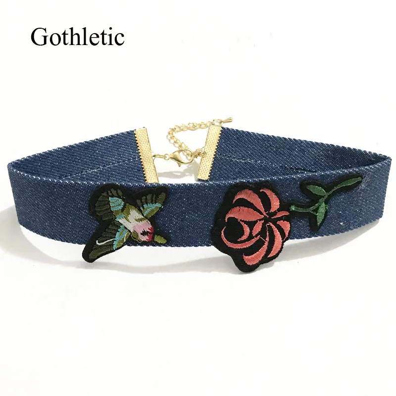 Модный новый голубой джинсовый чокер gotetic 2019 ожерелье с цветочной вышивкой птицы
